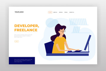 Freelance developer girl works distance website landing page design