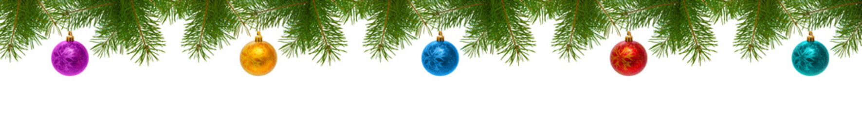 Colorful Christmas balls hanging on a fir tree branch. Christmas background.