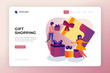 Gift shopping landing page design. Two happy young girls choosing prize gift boxes. Gift card and gif boxes concept vector illustration. Birthday or holidays celebration promotional marketing concept.