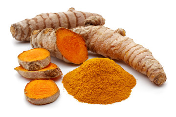 Poster - Fresh turmeric with slices and curcuma powder isolated