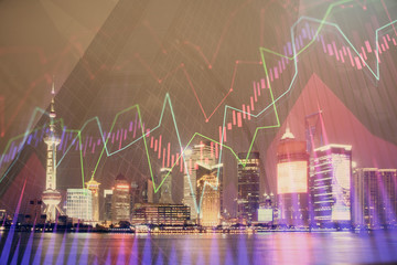 Aufkleber - Financial graph on night city scape with tall buildings background double exposure. Analysis concept.