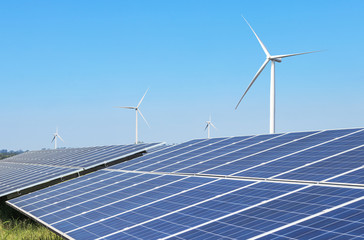 Wall Mural - solar panels and wind turbines generating electricity is solar energy and wind energy in hybrid powe