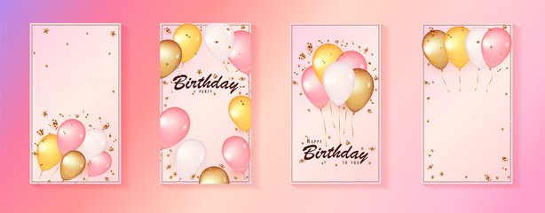 Social media story template. 3d balloons on gentle Pink Background. Celebration design with balloons.