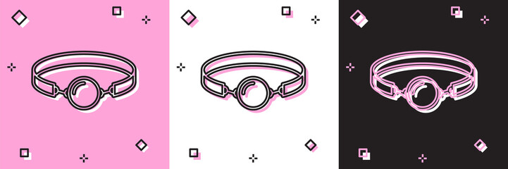 Set Silicone ball gag with a leather belt icon isolated on pink and white, black background. Fetish accessory. Sex toy for men and woman. Vector Illustration