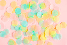 Colorful Paper Confetti On Pink Background. Celebration Concept. Flat Lay. Top View.
