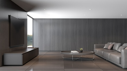 Aufkleber - Perspective of modern luxury living room with grey leather sofa with dining table and TV cabinet on lake view background, dark timber interior design - 3D rendering.