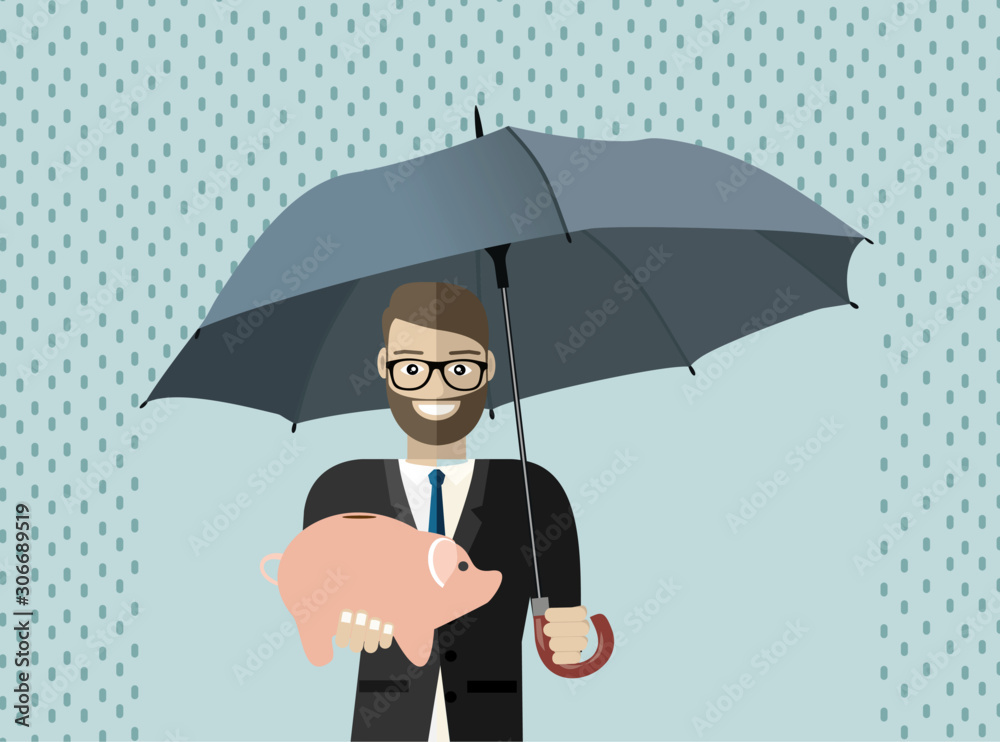 Businessman hold umbrella to protect piggy bank. Vector illustration for financial, insurance savings concept - obrazy, fototapety, plakaty 