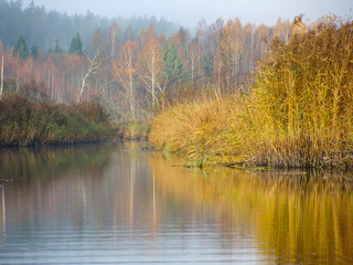 Wall Mural -   landscape with morning mist over the lake  
