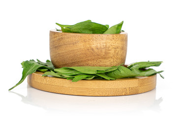 Wall Mural - Lot of whole lot of pieces of fresh green parsley on round bamboo coaster in bamboo bowl isolated on white background