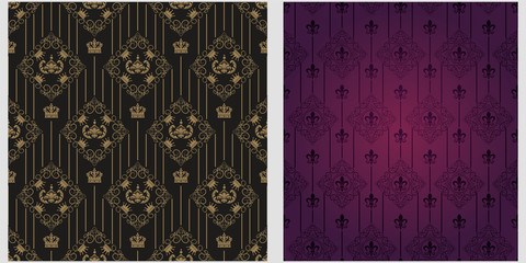 Wall Mural - Vintage backgrounds, patterns. Two modern background pictures in retro style. Seamless vector backgrounds. Set of patterns. Colors in the image: black, brown, gold, purple. Vector.