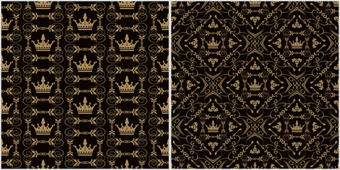 Vintage backgrounds, patterns. Renaissance art. Two modern background pictures in retro style. Seamless vector backgrounds. Set of patterns. Colors in the image: black, brown, gold. Vector graphic.