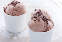 Homemade Chocolate Ice Cream From Sour Cream And Condensed Milk In White Cups, Horizontal