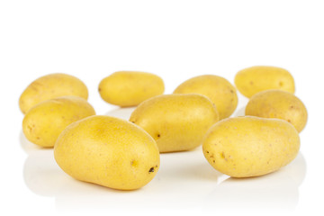 Wall Mural - Lot of whole pale yellow potato isolated on white background