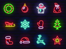 Christmas And New Year Neon Signs And Icons Set