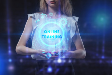 Business, Technology, Internet and network concept. Young businessman working on a virtual screen of the future and sees the inscription: Online training