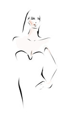 Wall Mural - Young beautiful woman, model in evening dress. Fashion illustration in sketch style. Vector