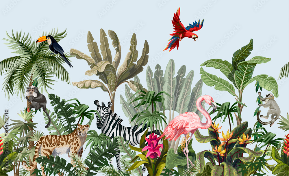 Seamless border with jungle animals, flowers and trees. Vector. - obrazy, fototapety, plakaty 
