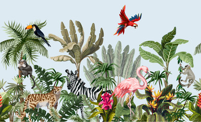seamless border with jungle animals, flowers and trees. vector.