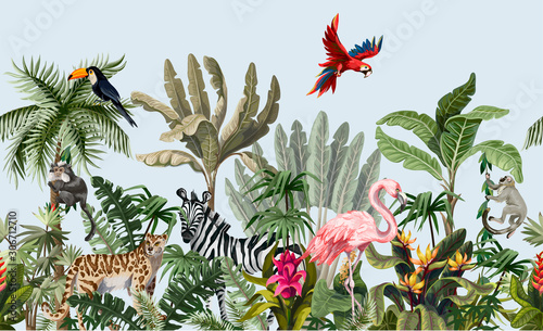 Obraz w ramie Seamless border with jungle animals, flowers and trees. Vector.