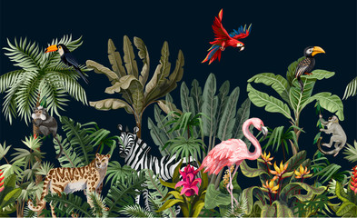 Plakat zabawa flamingo małpa dżungla
