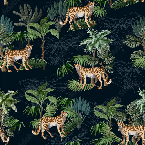 Fotografía Seamless pattern with leopard and tropical landscape. Vector.