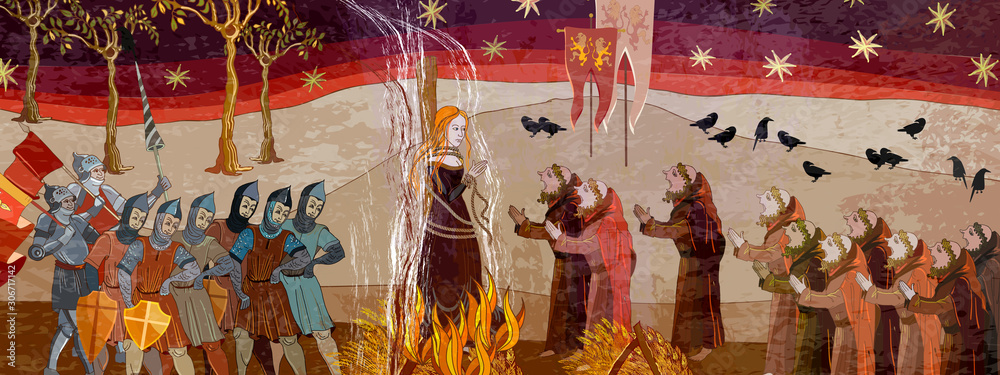 Medieval scene. Inquisition. Burning witches. Ancient book vector illustration. Middle Ages parchment style. Joan of Arc (Jeanne d'Arc) concept. Monks and soldiers at a fire with the witch - obrazy, fototapety, plakaty 