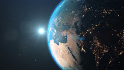 world and sun realistic 3d rendering. shiny sunlight over planet earth, cosmos, atmosphere. shot fro