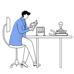 Fototapete - Scientist at his working place flat contour vector illustration. Man in blue lab coat. University professor simple drawing. Physicist sitting and reading book isolated outline cartoon character