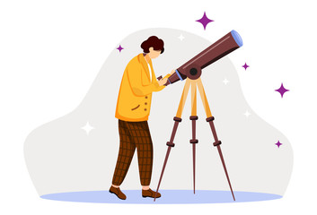 Fototapete - Astronomer flat vector illustration. Observing stars, planets, sky. Scientist with special equipment. Discovering space objects. Man with telescope isolated cartoon character on white background