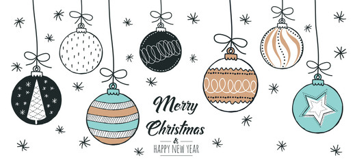 Set of hand drawn christmas baubles. Decoration isolated elements. Doodles and sketches vector illustration