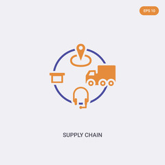 2 color supply chain concept vector icon. isolated two color supply chain vector sign symbol designed with blue and orange colors can be use for web, mobile and logo. eps 10.