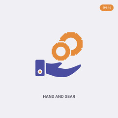 2 color Hand and gear concept vector icon. isolated two color Hand and gear vector sign symbol designed with blue and orange colors can be use for web, mobile and logo. eps 10.