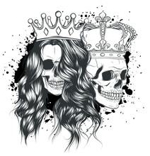 Tattoo Of King And Queen Of Death. Portrait Of A Skull With A Crown.