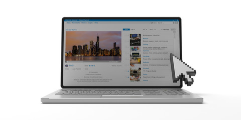 Poster - Video channel and mouse cursor pointer on a laptop screen isolated against white background. 3d illustration.