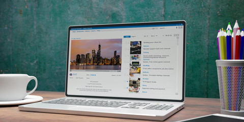 Poster - Video channel and mouse cursor pointer on a laptop screen on a wooden desk. 3d illustration.