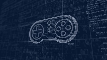 Sticker - Cyber game symbol project creating. Abstract concept of esport, video gaming, digital play, cyber entertainment technology and cyber sport 3d animation. Drawing scheme line of futuristic idea.