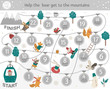 © Lexi Claus - Winter adventure board game for children with sports and activities. Educational holiday boardgame. Puzzle with forest animals in funicular cable car. Help bear get to the mountains..