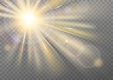 Shining Sunlight Blurred Vector Effect On Transparent Background. Front Light Warm Radiance With Lens Glare, With Radial Purple Halo And Straight Yellow Stellar Rays. Searchlight Or Spotlight Decor