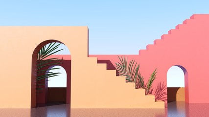 Bright design against the blue sky with tropical palm leaves - 3D, render.Architectural background of buildings with stairs and arches.  Banner, poster, card for travel, presentations with copy space.