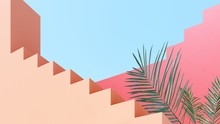Bright Design Against The Blue Sky With Tropical Palm Leaves - 3D, Render.Architectural Background Of Buildings With Stairs And Arches.  Banner, Poster, Card For Travel, Presentations With Copy Space.