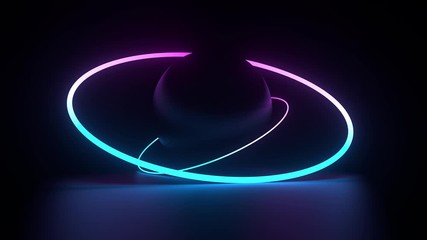 Poster - 3d render of sphere geometry and neon ring near above reflection floor. glow neon objects.