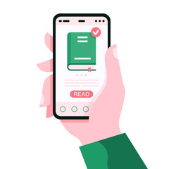 Poster - Hand holding modern phone. Reading books app, choosing e-books reading concept vector flat illustration for web sites and banners design