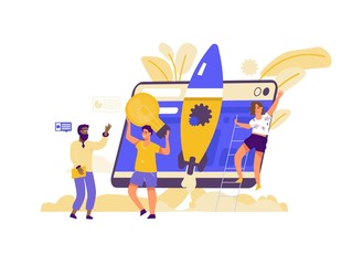 Poster - Startup concept. Cartoon business characters on project development and product lunch. Vector isolated drawing illustrations marketing strategy template with business concept creative ideas