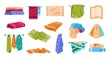 Bath towels. Beach and spa soft cotton towels in stack and rolled, hygiene and kitchen textile clothing for hands. Vector set colorful towel collection in stack or hanging on hangers
