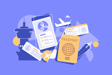 Poster - Book flight online concept. Idea of travel and tourism. Planning trip online. Buy ticket on plane in the app