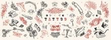 Tattoo Elements Collection. Big Set For Design. Vintage Art. Old School Tattooing Style