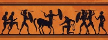 Ancient Greece Scene. Historic Mythology Silhouettes With Gods And Centaurs, Figures And Pattern For Ancient Amphora. Vector Mythological Image Art Ancients Amphoras Ornaments