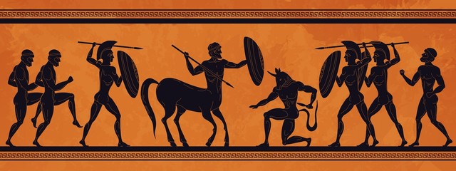 ancient greece scene. historic mythology silhouettes with gods and centaurs, figures and pattern for