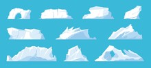 Icebergs. Arctic and North Pole landscape elements, melting ice mountains and glaciers, snow caps and freeze ocean. Vector set illustration ice mountain in travelling on Antarctica