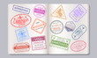 Passport stamps. Travel and immigration marks collection, arrival and departure airport stamps. Vector countries isolated signs in passport, as a concept of security and entry control